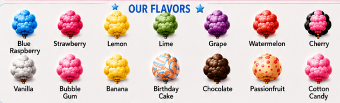 Carol's 14 cotton candy flavors: Blue Raspberry, Strawberry, Lemon, Lime, Grape, Watermelon, Cherry, Vanilla, Bubble Gum, Banana, Birthday Cake, Chocolate, Passionfruit, and Cotton Candy