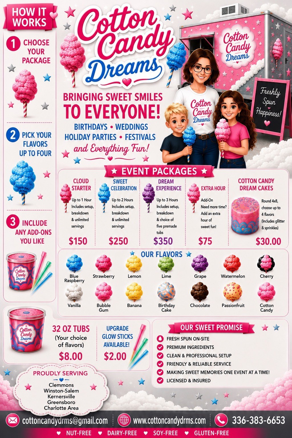 Cotton Candy Dreams event packages, flavors, tubs, glow sticks, service area, and contact information