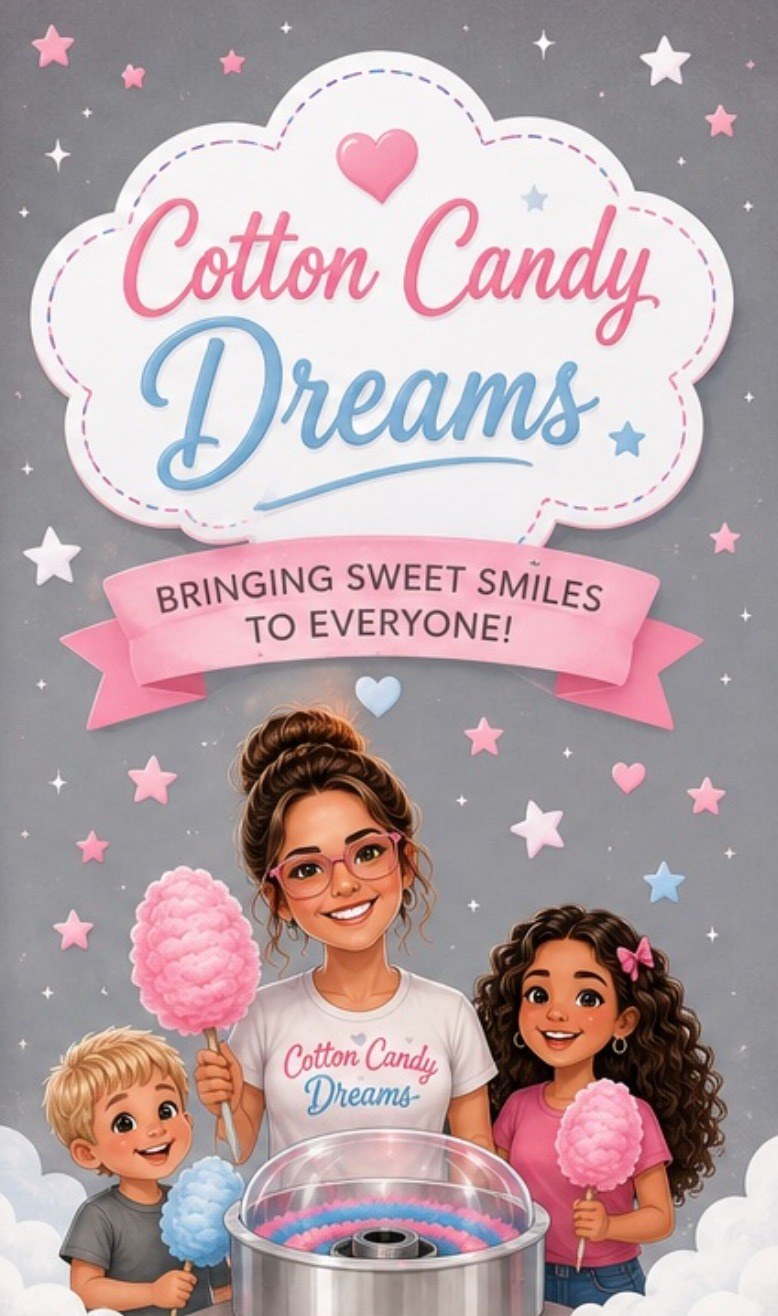 Cotton Candy Dreams artwork featuring a cotton candy maker and two children holding fresh pink and blue cotton candy