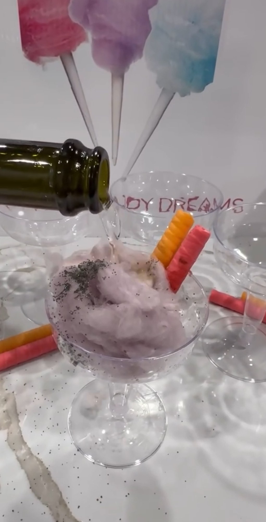 Cotton candy dessert served in a celebration glass