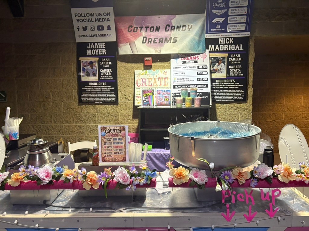 Cotton Candy Dreams service booth decorated for a Winston-Salem Dash game