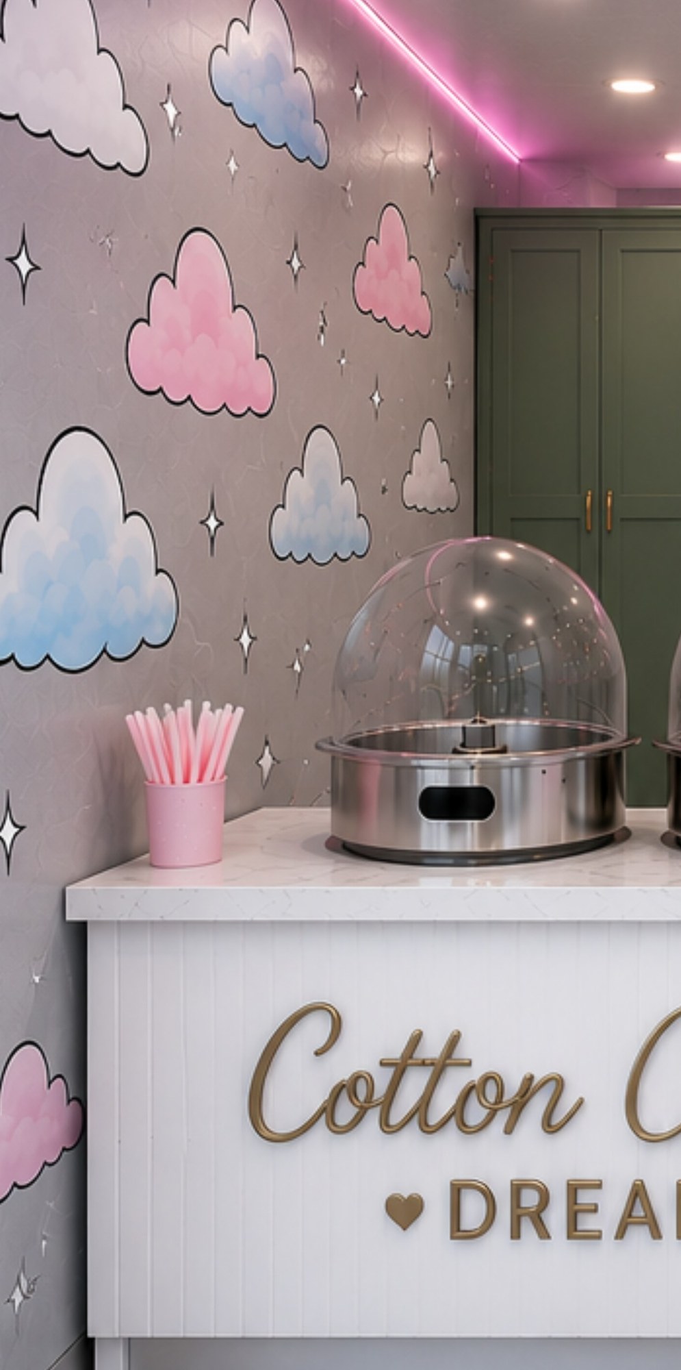 Cotton Candy Dreams studio with cloud wall and professional spinning station