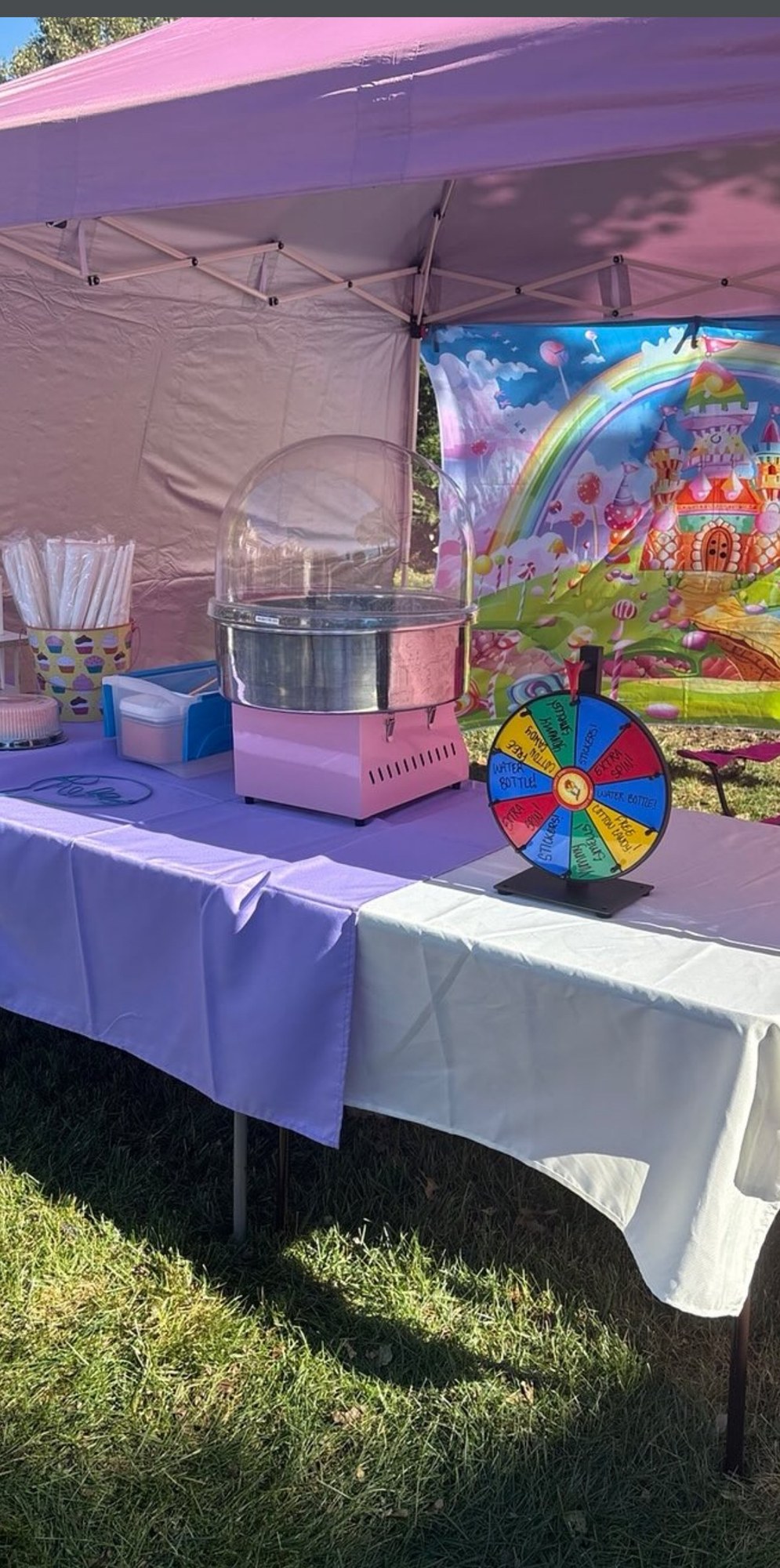 Festival booth with cotton candy machine, flavor prize wheel, and candy-themed backdrop