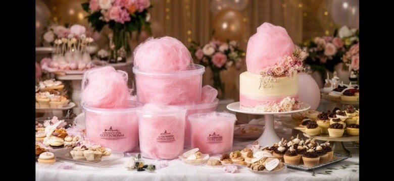 Pink cotton candy presented with a cake and desserts for an elegant celebration