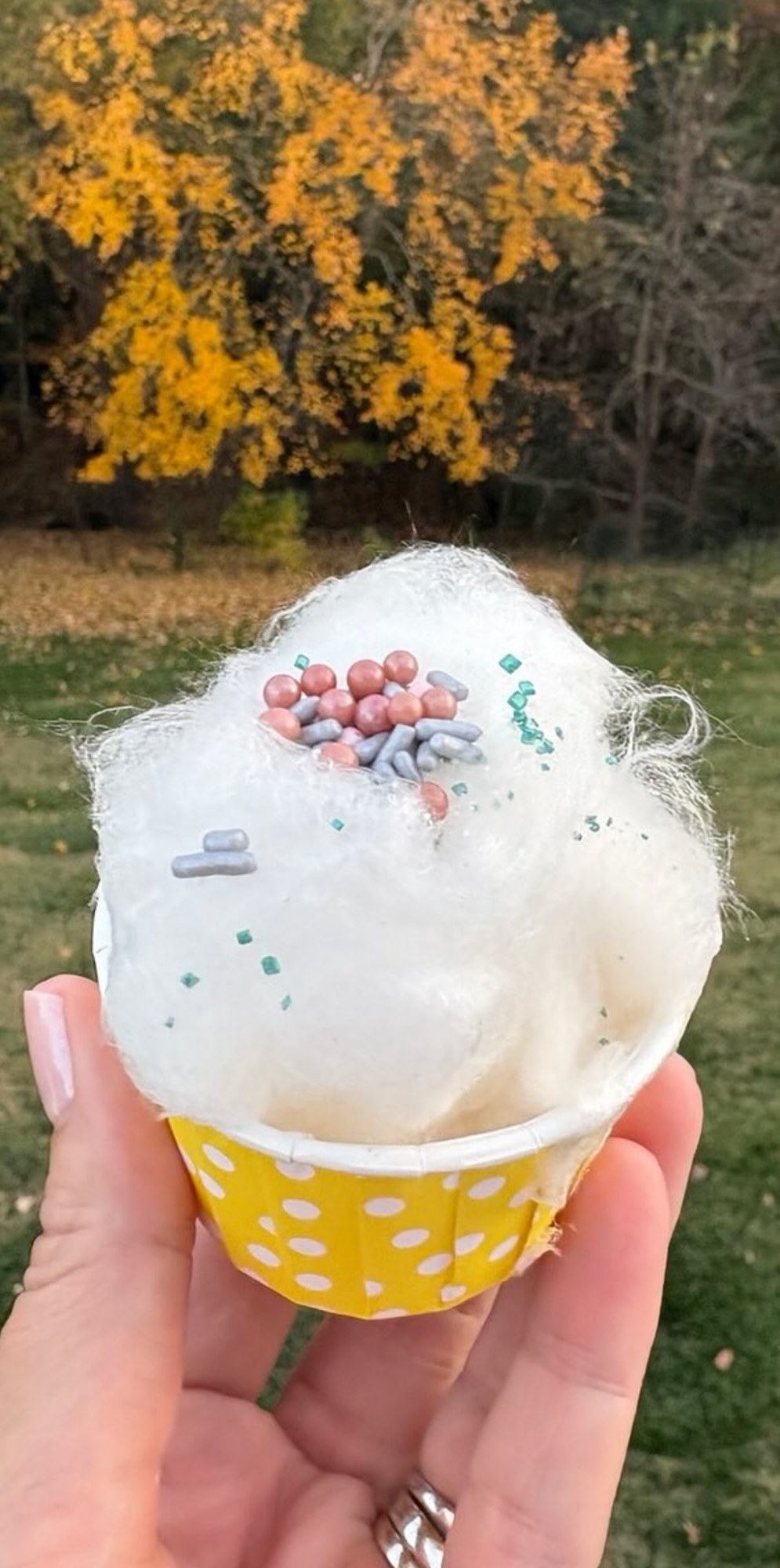 Fresh cotton candy cup topped with colorful sprinkles